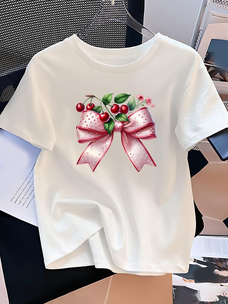 Unisexs Black Casual Short Sleeve TShirt with Pink Bow Cherry Blossom Print Summer Short Sleeved Harajuku Streetwear Tops Tees