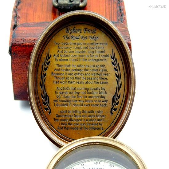 5.715 Cm Brass Hand Made Fully Functional Compass with Leather Case Robert Frost Poem Engraved