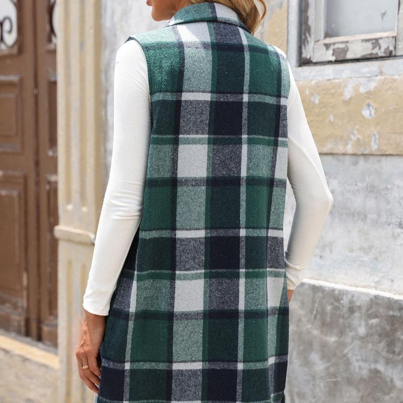 Women's Fashion Trend Vests for Autumn and Winter Contrasting Stripes Checkered Button Up Sleeveless Cardigans