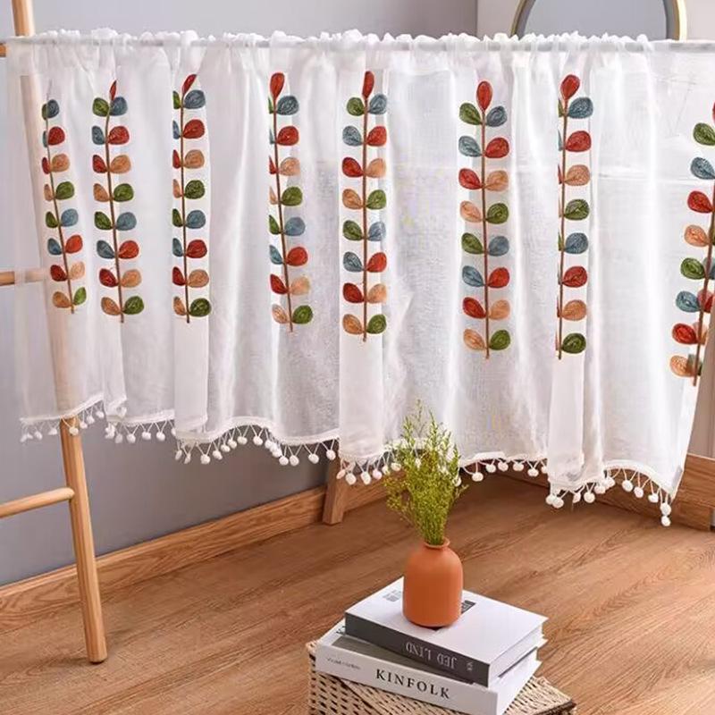 1PC Colorful Branch Embroidered Semi Sheer Curtain Kitchen Tiers Half Window Sheer Curtains Coffee Curtain