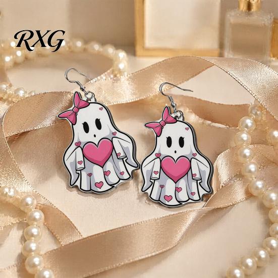 Cute Halloween Jewelry Pink Heart Ghost Earrings, with Bow Drop Earrings Lightweight Acrylic for Girls Women