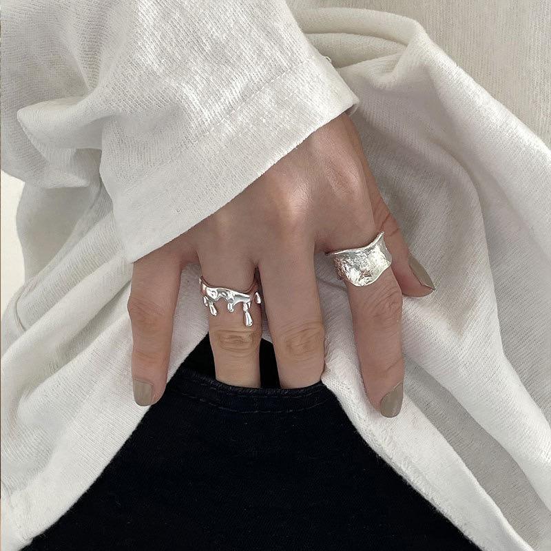 BF CLUB 925 Sterling Rings for Women Simple Geometric Handmade Irregular Retro Wide Ring Allergy For Birthday Party Gift