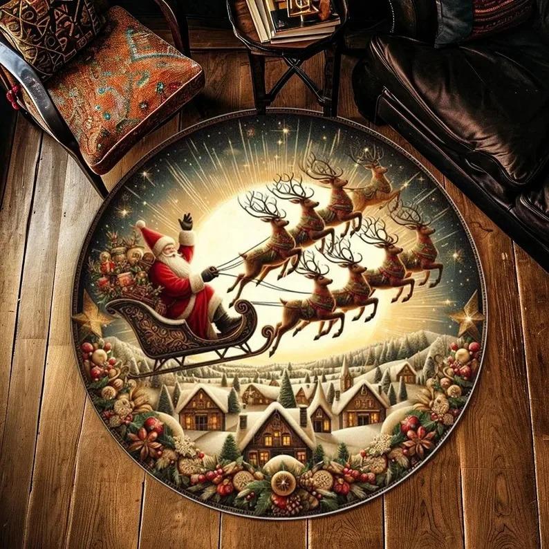 Santa Claus Sled Round Door Mat Carpet Christmas Tree Rug Snowman Round Carpet Bedroom Mat Festival Home Decoration Floor Mat