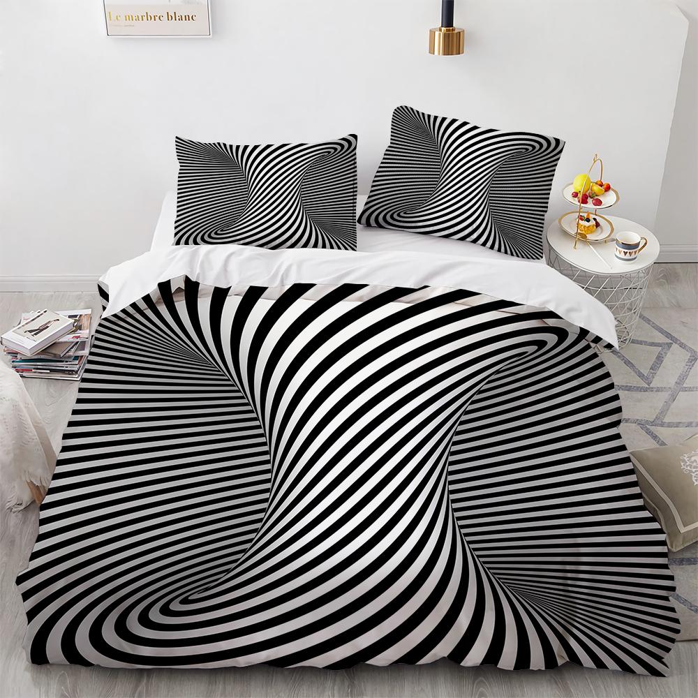 3D Stereo Pattern Geometric Duvet Cover Set Black White Bedding Sets Ultra Soft Reversible Stripe Comforter Cover For Men Women