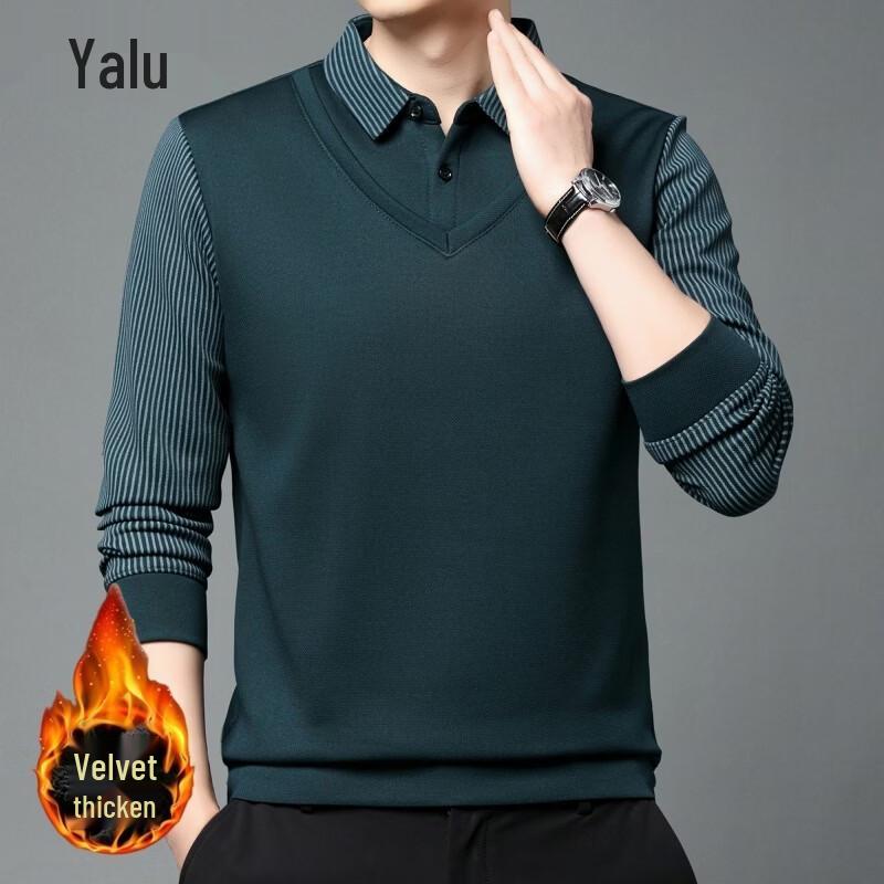Yalu Men's Faux Two-Piece Fleece-Lined Shirt-Collar Sweater
