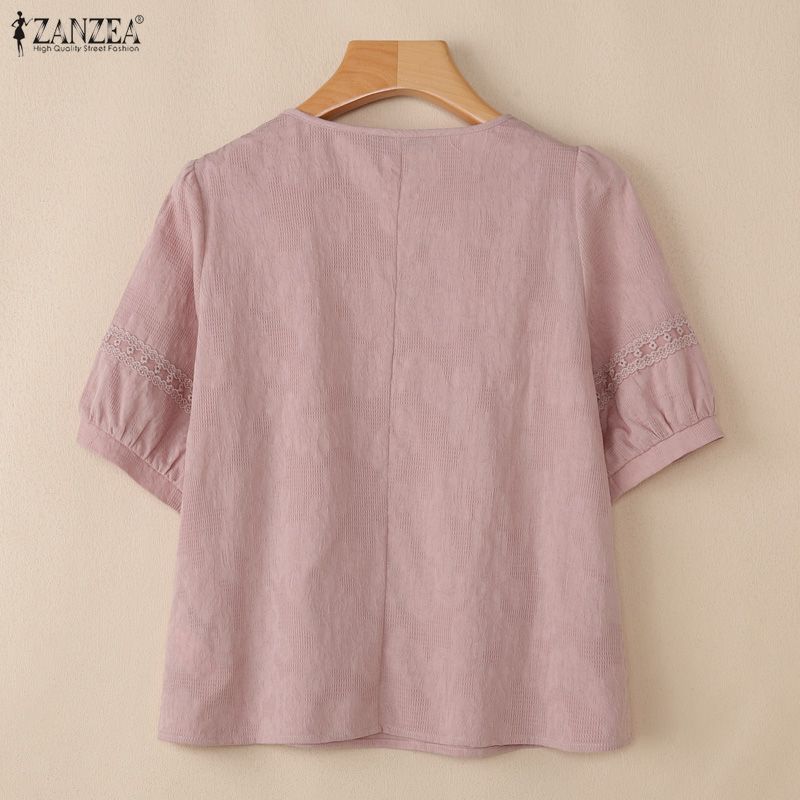 ZANZEA Women Casual V-Neck Loose Half Sleeve Cotton Blouse