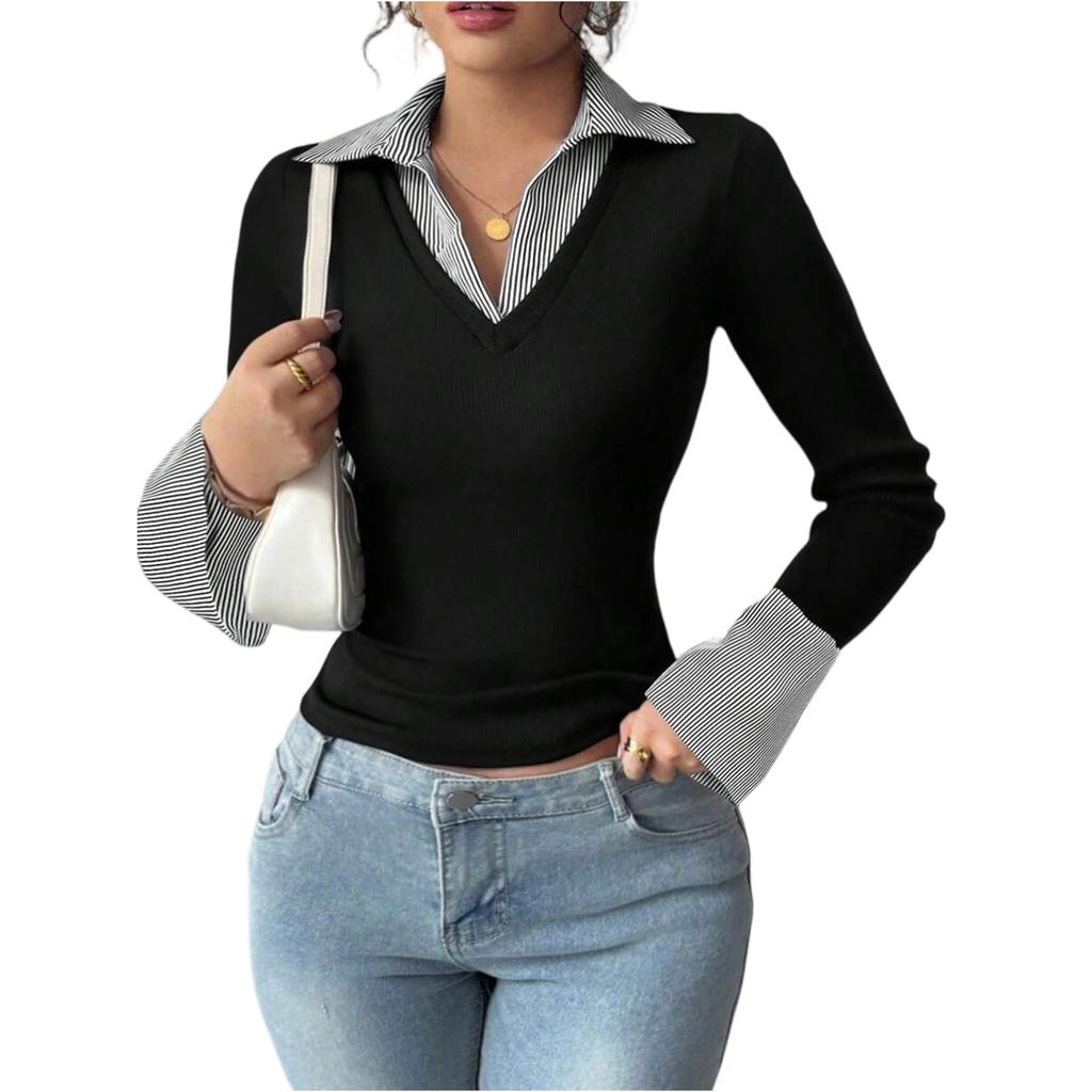 Women's Fashion Long Sleeve Casual Pullover Shirt Two Piece Look V Neck Layered Collar Top Slim Fit Lightweight