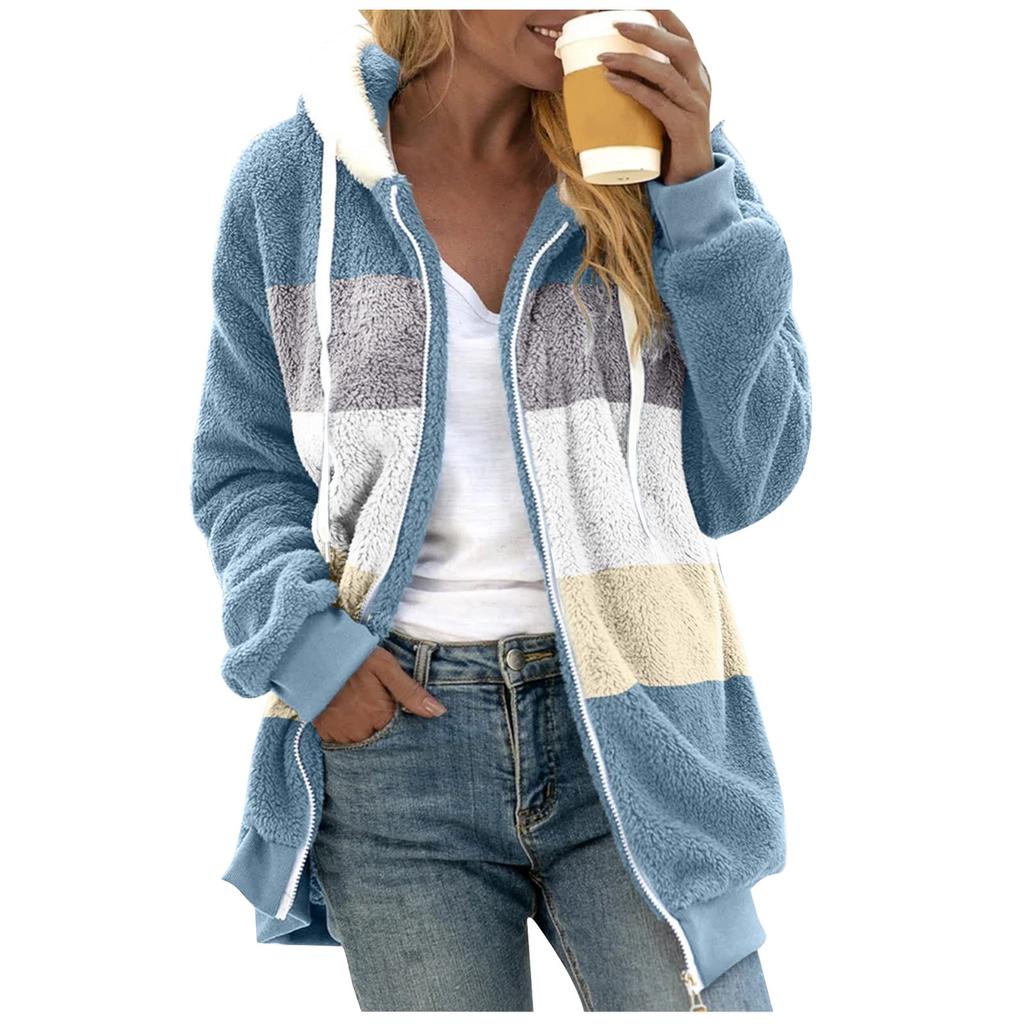 Women's Fashion Casual Loose Plush Striped Stitching Hooded Jacket Coat