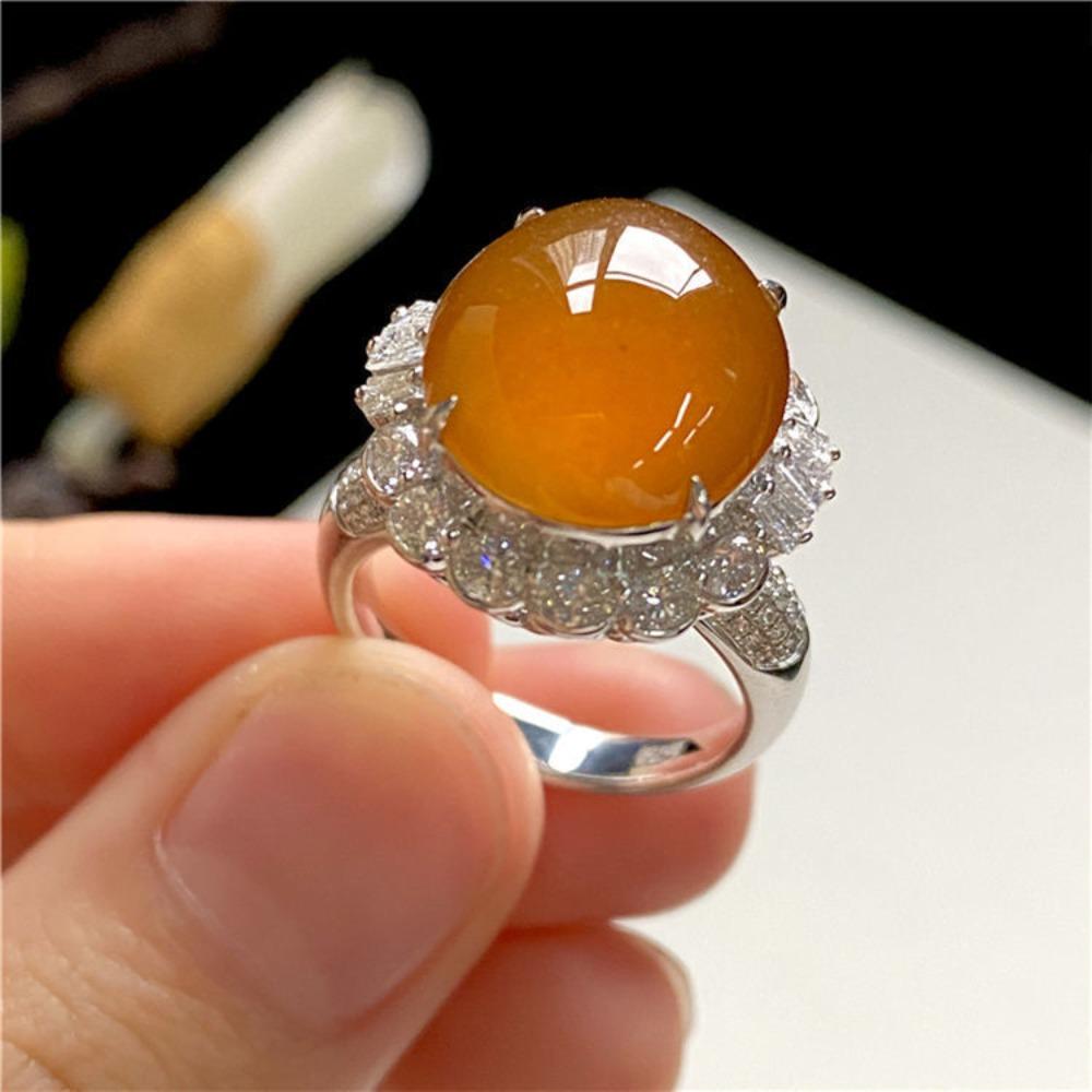 Imitation Natural Chalcedony Ice Type Full Color Red Jadeite Egg Surface Ring Women's Inlay Silver-plated Fashion