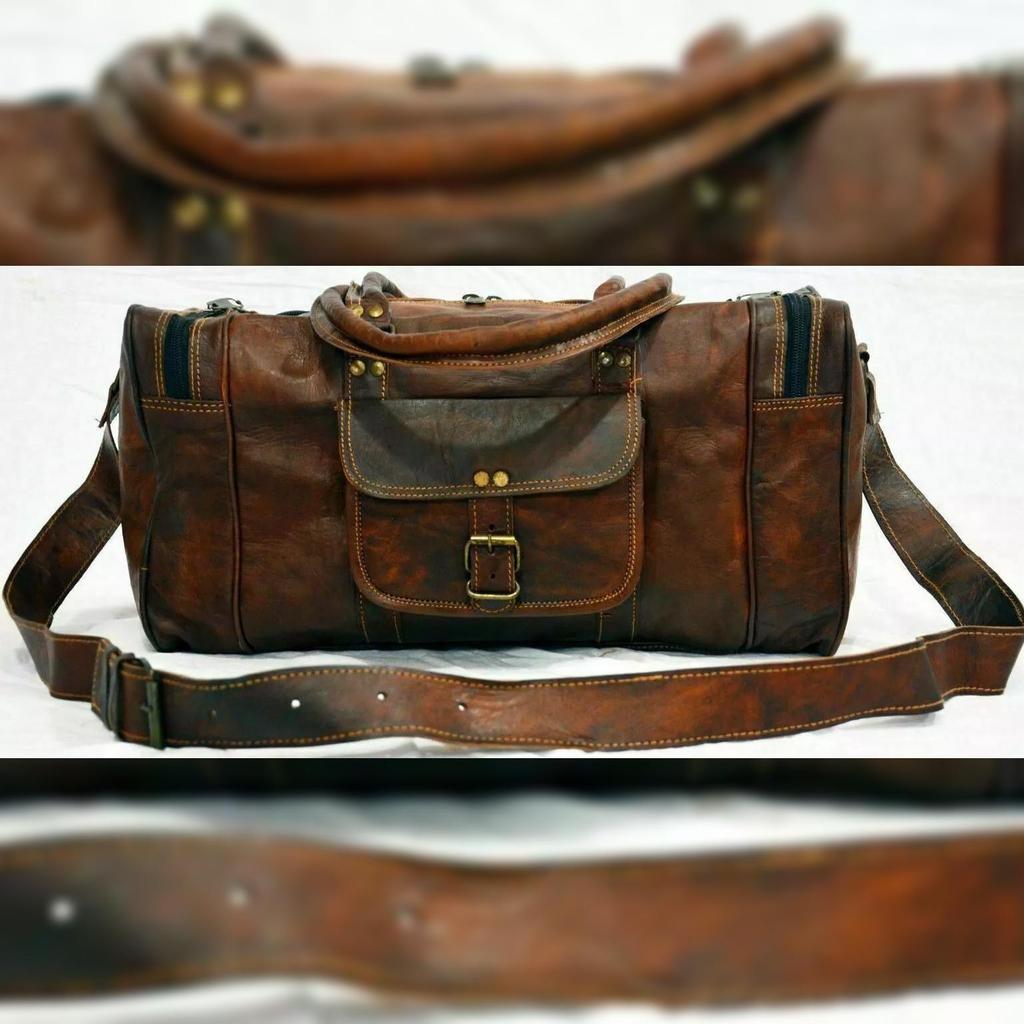 New Vintage Brown Goat Leather Gym Duffel Travel Luggage Genuine Men Bag Brown