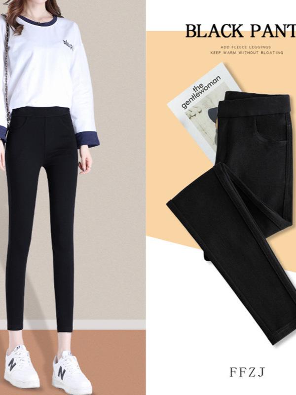 Women's Black High-Waisted Slim-Leg Pants - Velvet Lined, Elastic Waist, Tight-Fit, Petite, Ideal for Autumn/Winter.