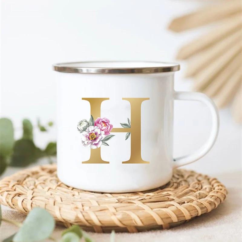 Letter Floral Print Vintage Enamel Mugs Creative Coffee Tea Cup Drink Dessert Milk Cups Handle Drinkware Wedding Bridesmaid Gift