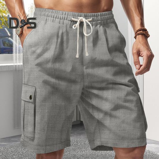 Pantaloni scurți pentru bărbați, culoare uni, pantaloni scurți cargo cu picior largi, cu buzunare, cu talie elastică, cu șnur, pantaloni scurți de plajă, îmbrăcăminte pentru timpul liber pentru călătorii