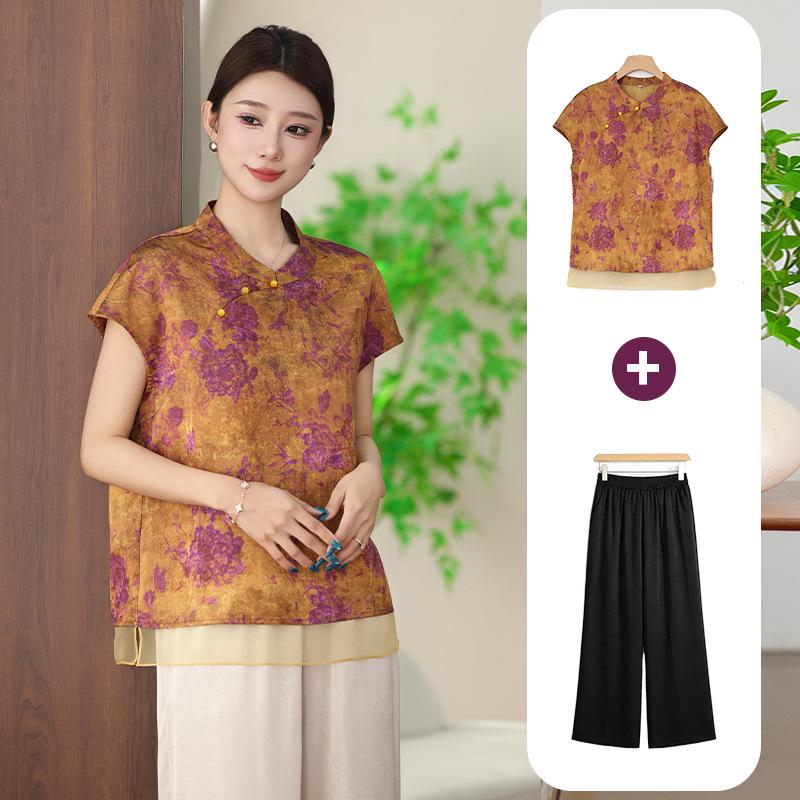 Summer Casual Chinese Style Suit: Diagonal Lapel Top with Frog Buttons for Middle-Aged Women - Lightweight Two-Piece Set