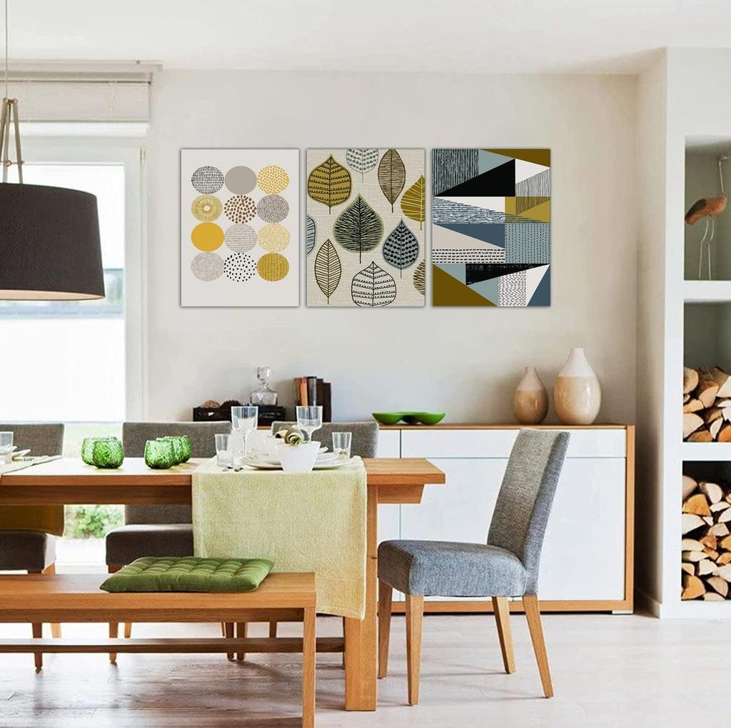 Three Nordic Retro Art Panels with Round Leaf and Geometric Wall Decorative Sofa Background Wall Hangings for Living Porch Fully Framed Patterns, Art,