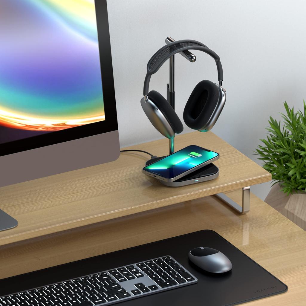 SATECHI Headphone Stand with Wireless USB Output Magnetic Wireless Charger for iPhone AirPods and Devices 2-in-1 Charger, Type-C Port, 17/16/15-12