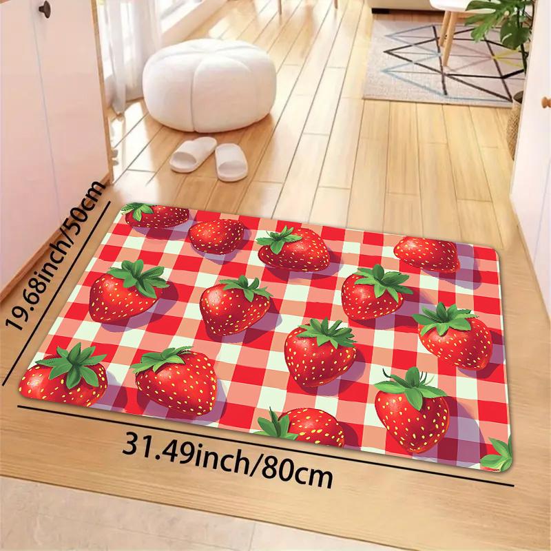 1pc Strawberry & Checkered Design 8mm Thick Polyester Floor Mat - Machine Washable, Rectangular Mat for Kitchen, Bathroom, Livin