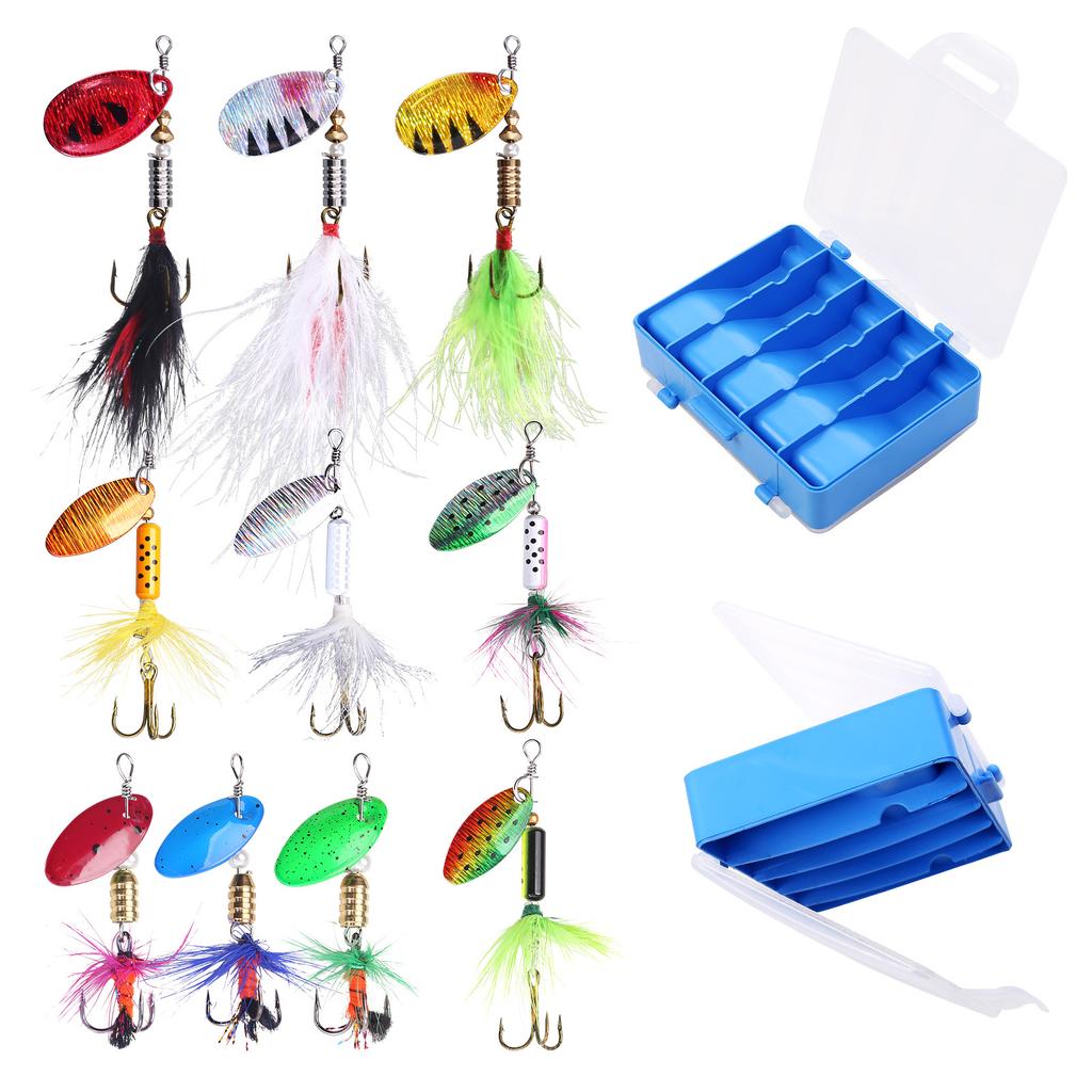 10pcs Fishing Lure Spinnerbait with Feathered Treble Hooks Fishing Hard Baits with Tackle Box for Bass Trout Crappie Walleye