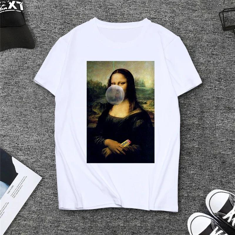 Summer Spoof Mona Lisa Drink Beer Print T Shirts Women Aesthetics Funny Casual Short Sleeves Tops Female Sleeved Harajuku
