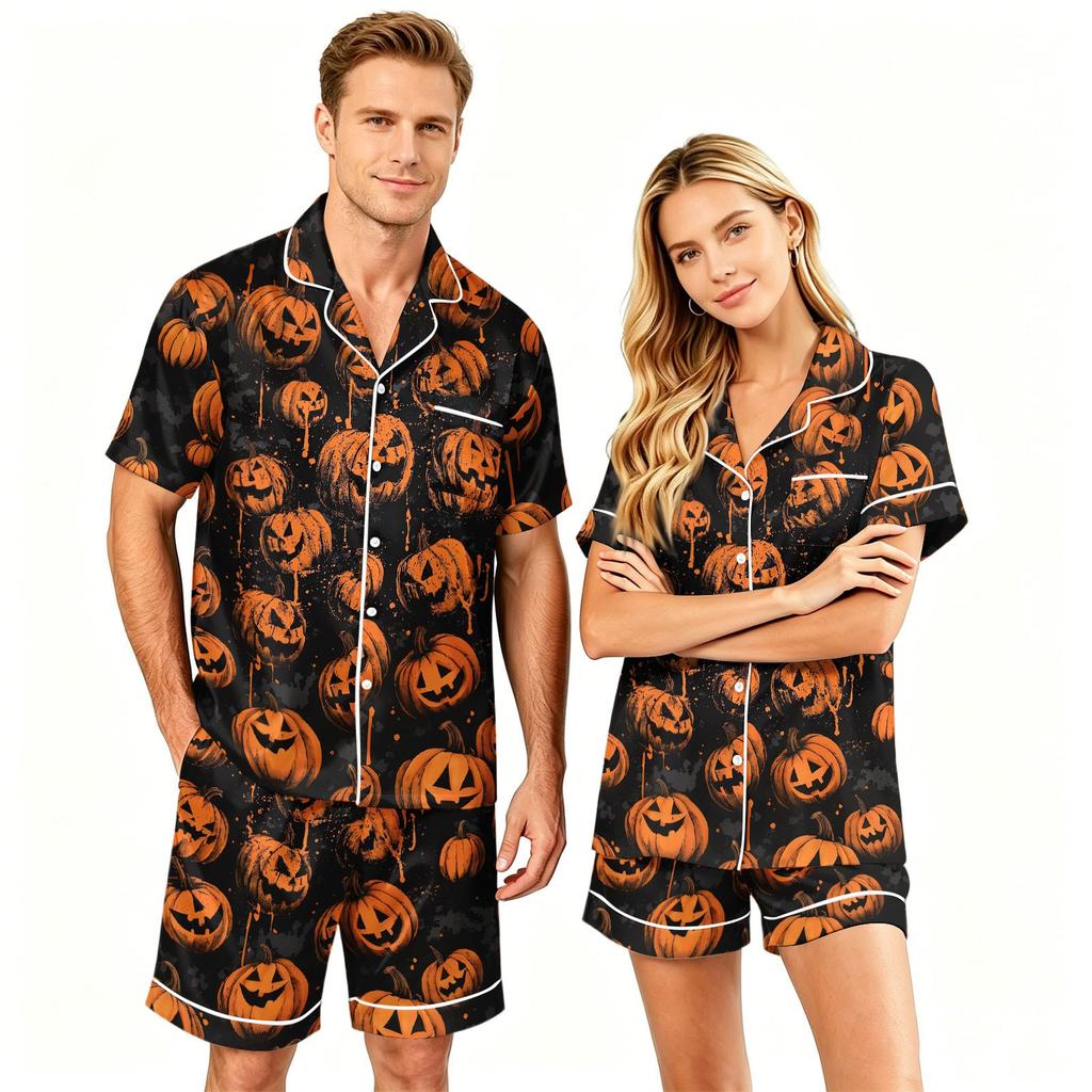 Couple Matching Halloween Pajama Set Short Sleeve Button Down Shirt and Shorts Soft Casual Sleepwear S To XXXXL