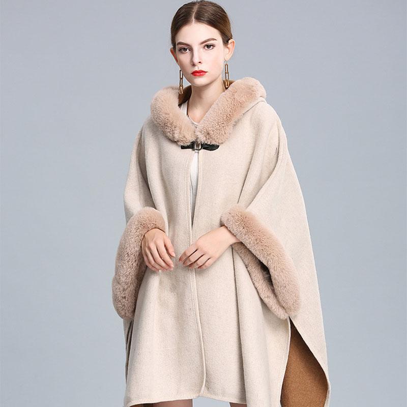 Herbst und Winter Imitation Rex Kaninchen Pelzkragen Kapuzenschal Damen Großer Wollmantel Mantel Lose Strickjacke Damen