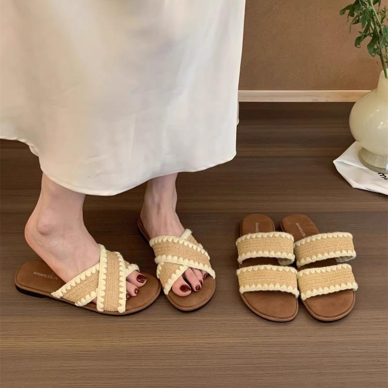 Ethnic Style Woven Cross-strapped Open-toed Flat-bottomed Slippers for Women's Summer Wear Bohemian Seaside Vacation Beach Sandals
