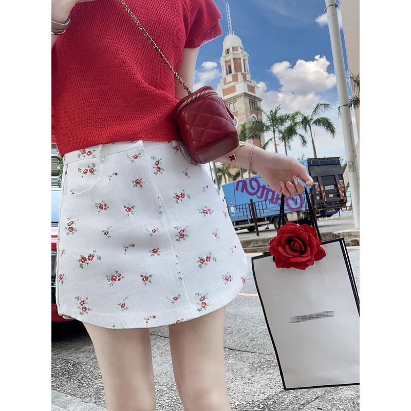 Rabbit Print High-Waist Denim A-line Mini Skirt M