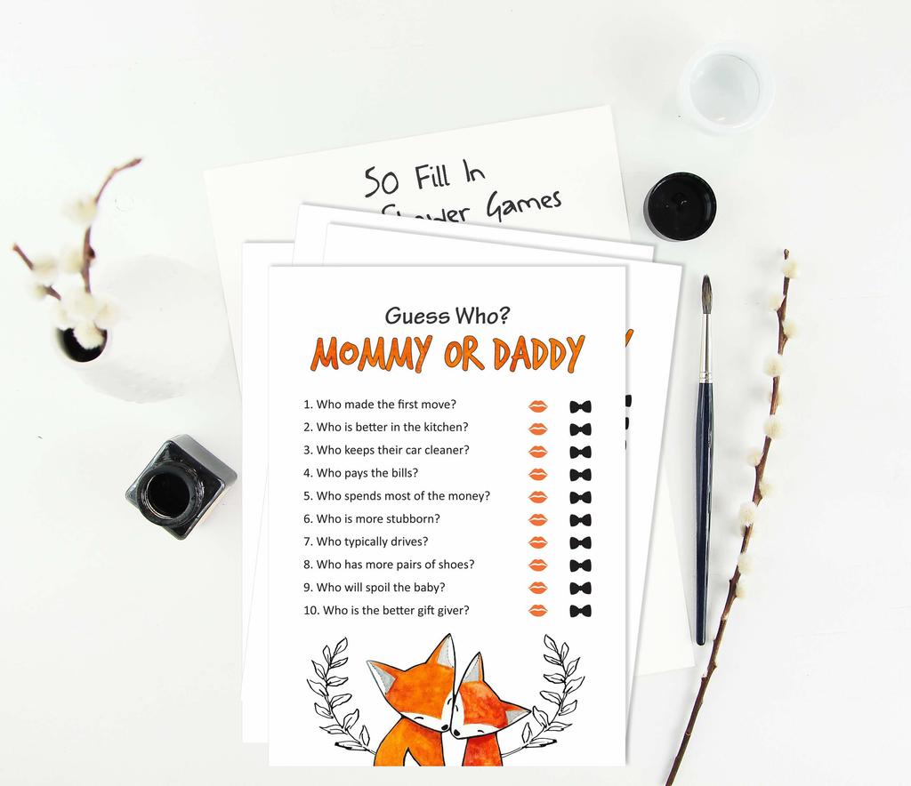 Inkdotpot Mommy Or Daddy Who Said it Game Gender Neutral Fox Animals Set of 50 Fun Baby Shower Game Party Supply