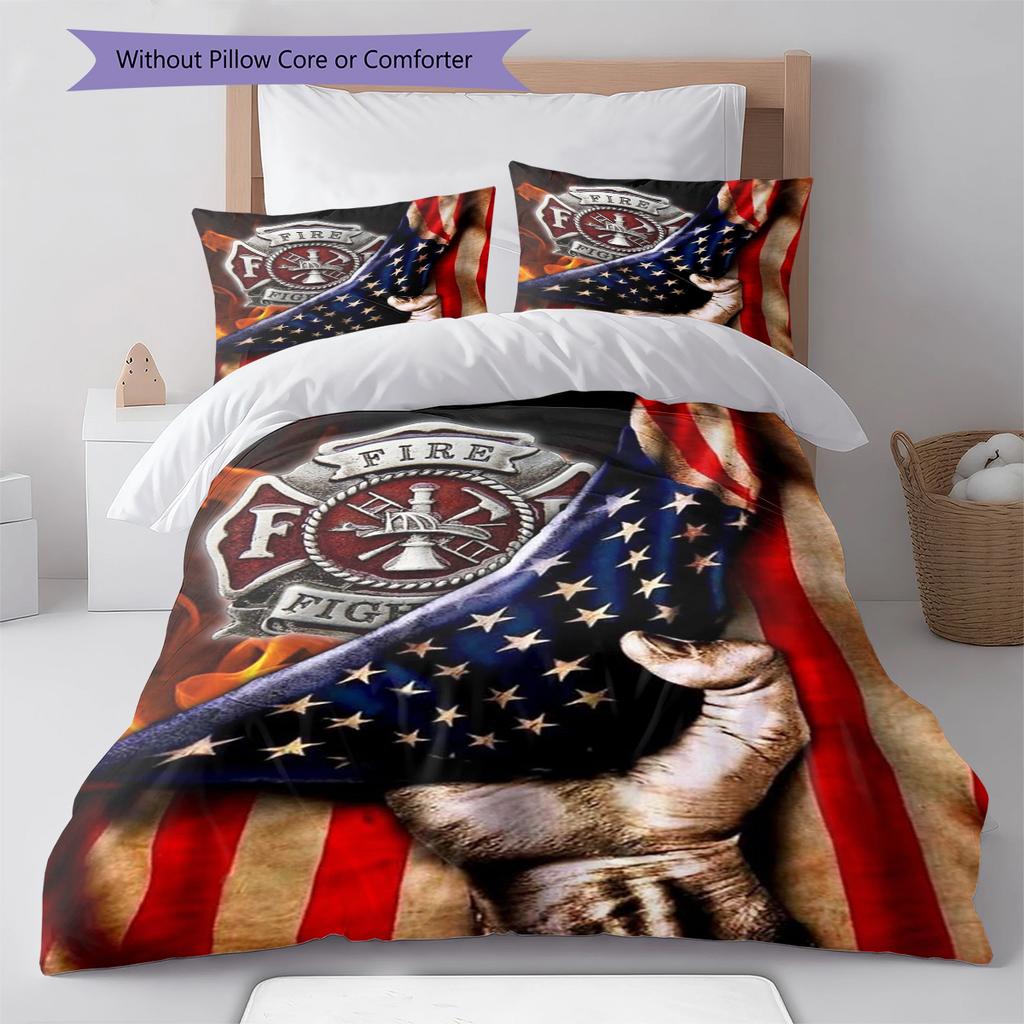 Firefighter Pattern Bedding Quilt Set Quilt Cover Pillowcase Home Decoration Gift (1 * duvet cover + 2 * pillowcase, without core)