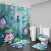 4Pc Dragonfly Shower Curtain Sets with Non-Slip Rug,Toilet Lid Cover and Bath Mat,Pink Lianhua Shower Curtain Sets with 12 Hooks
