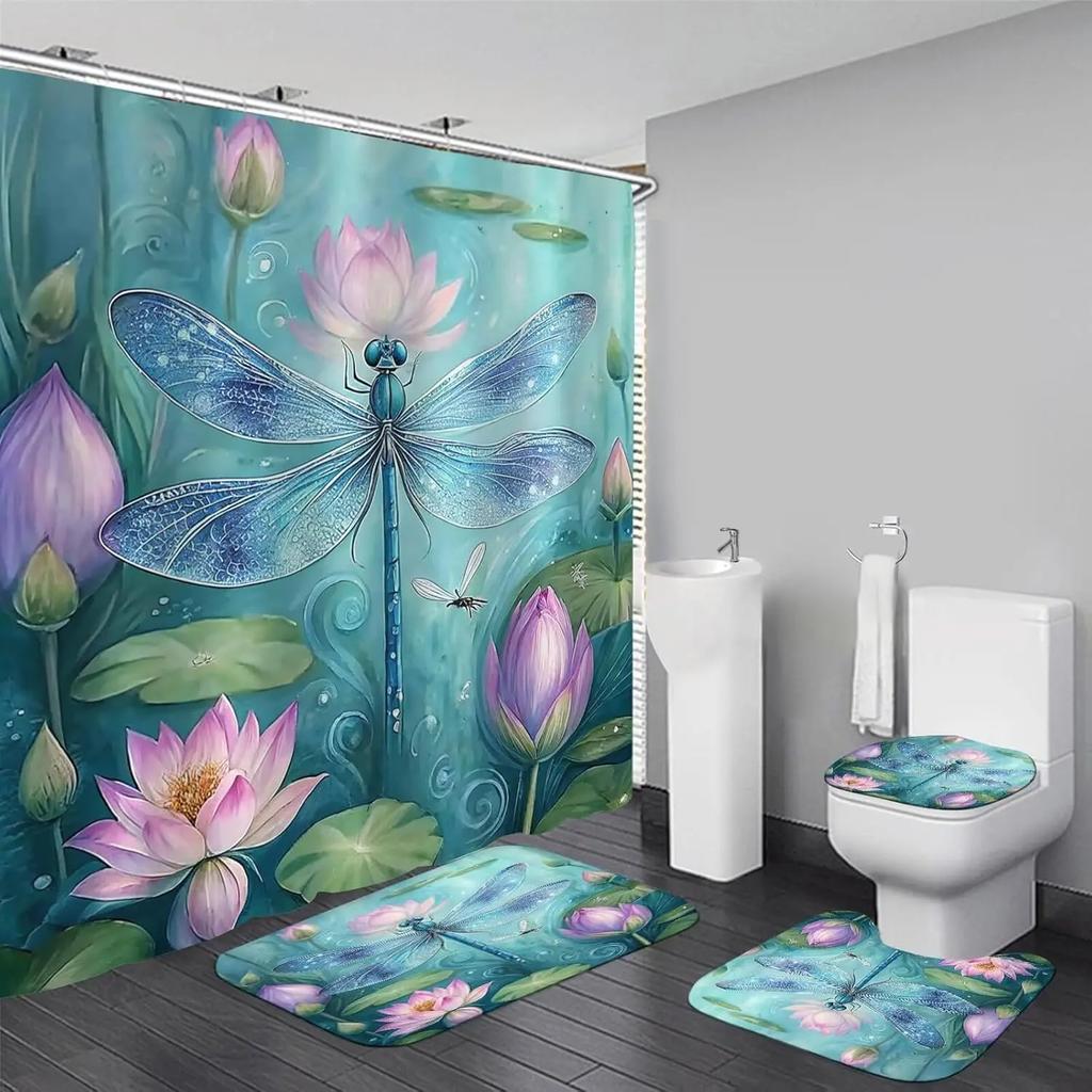 4Pc Dragonfly Shower Curtain Sets with Non-Slip Rug,Toilet Lid Cover and Bath Mat,Pink Lianhua Shower Curtain Sets with 12 Hooks