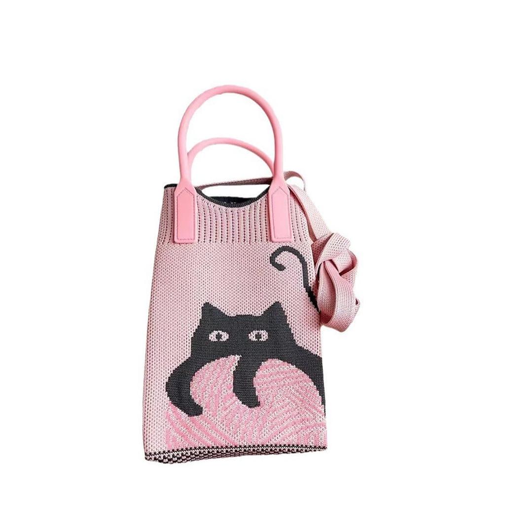 Huimei Women's Knit Smartphone Pouch, Shoulder Bag, Crossbody Phone Pouch, Vertical Knit Wallet Pochette, Cat Print Mini Bag, Cute, Lightweight