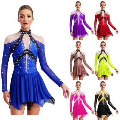 Ladies Figure Skating Performance Costume Sheer Mesh Rhinestones Leotard Dress for Modern Lyrical Dance Gymnastics Acrobatics
