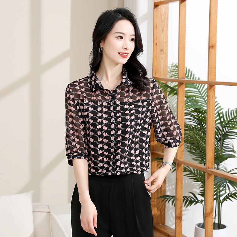 2026 Women s Summer Floral Chiffon Seven-Sleeve Top 4XL