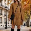 Vestito Corto da Donna a Linea ad A in Ecopelle Scamosciata Casual Manica Lunga Girocollo A Pieghe Svasato Autunno Abito Largo