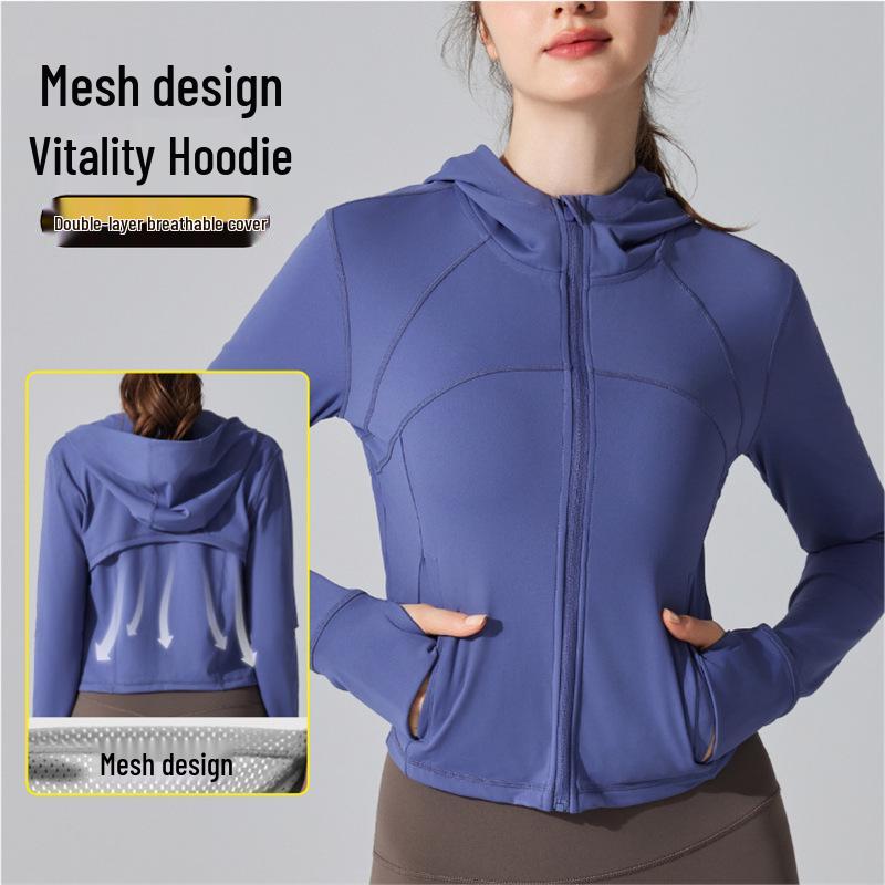 

Hooded Slim Fit Yoga Jacket with Thumb Holes - Double-Sided Nude Feel, Zipper Closure, Long Sleeve Extra Large