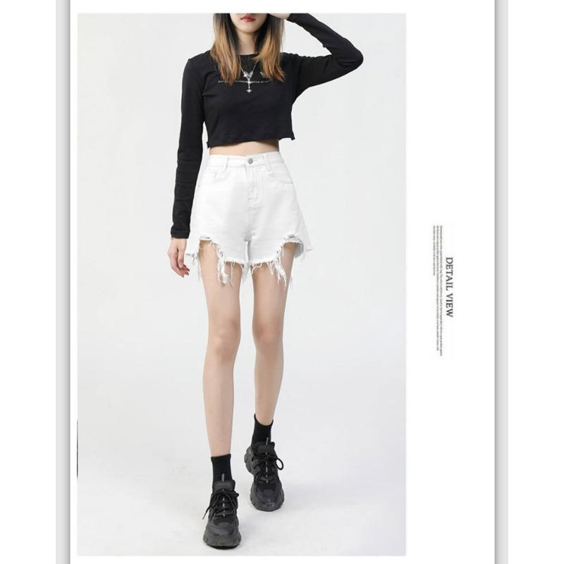 Pantaloncini di jeans casual strappati e versatili da donna alla moda a vita alta da celebrità di Internet con bordo grezzo gamba larga Hot Pants