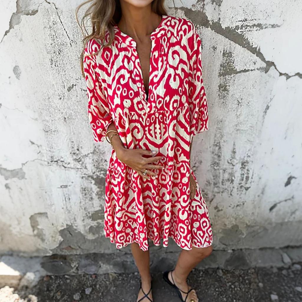 Women's Fashionable V-neck Fresh Printed Temperament Five Quarter Sleeve Dress