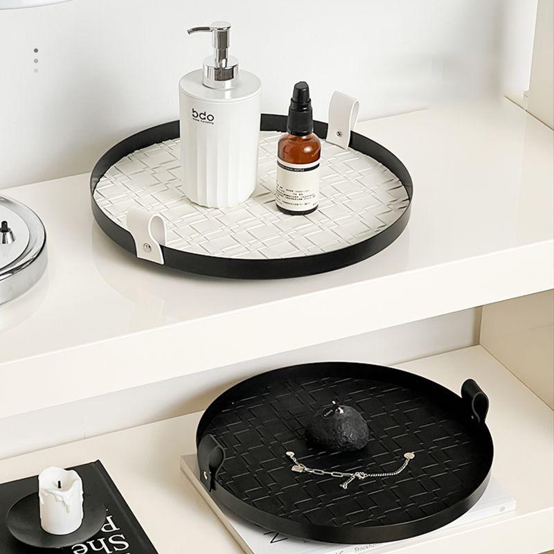 360° Rotatable Storage Tray | Premium Saddle Leather Desktop Organizer | Luxury Perfume & Cosmetics Display Plate with Handles