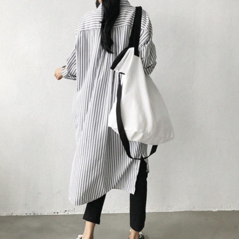 Camicia di media lunghezza da donna Versione coreana del top a maniche lunghe da donna Primavera Blu e Bianco a righe verticali Giacca Camicia da donna Larga
