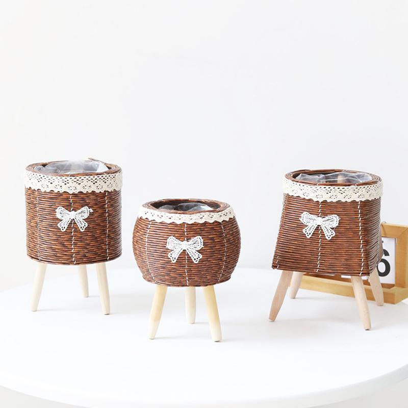 Fashion Rattan Woven Flower Pot Creative Flower Planters With Legs Durable Hand Wove Plant Stand Desktop Plant Pot Basket