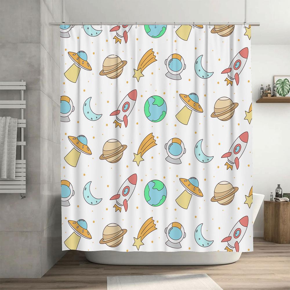 Space Exploration Shower Curtain Cartoon Print Bathroom Decor Set Cute Space Ship, Planet Earth Moon Design For Kids