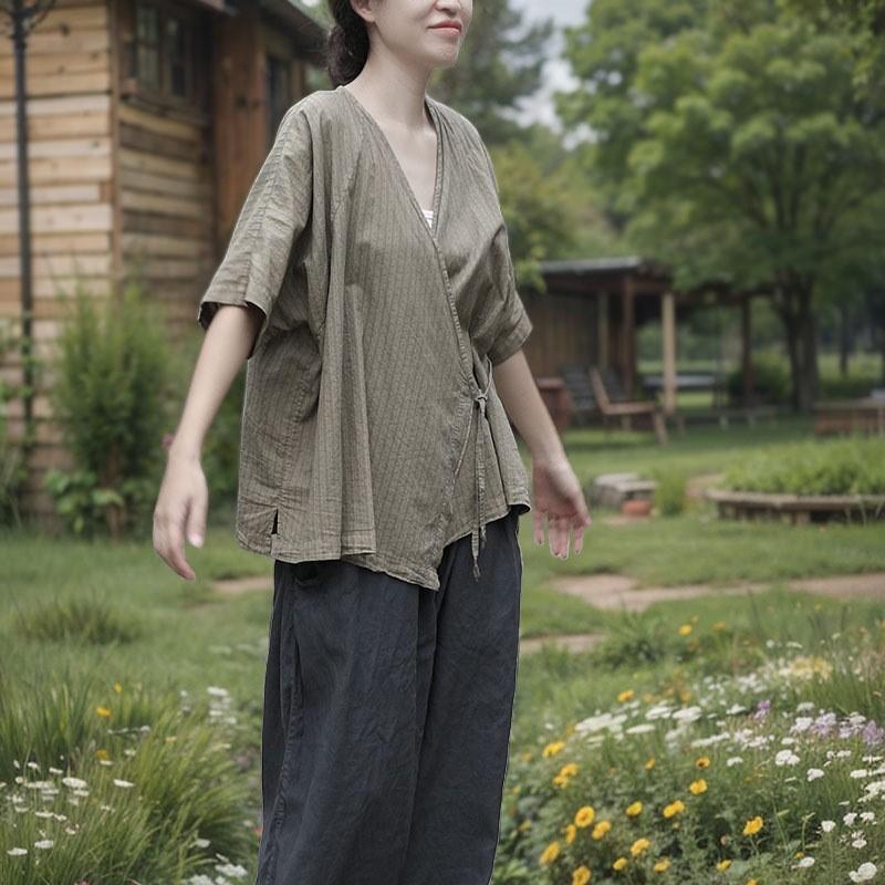 Johnature Women Vintage Blouses Summer V-Neck Short Sleeve Belt Shirts Tops Chinese Style Women Shirts