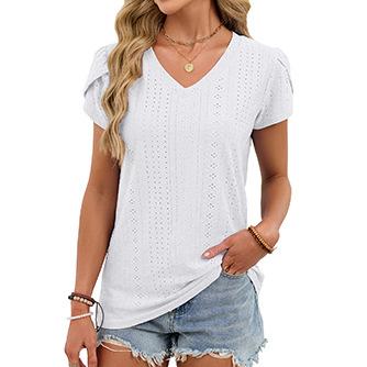Women's Summer V-Neck Petal Sleeve T-Shirt Eyelet Textured Short Sleeve Loose Casual Tops Tees
