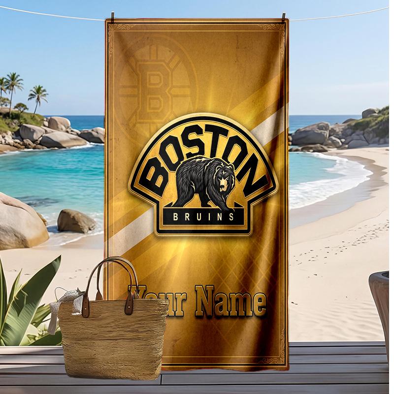 Boston Bruins Custom Beach Towel, Print Your Name Text Lightweight Absorbent Towel for Swimming Travel