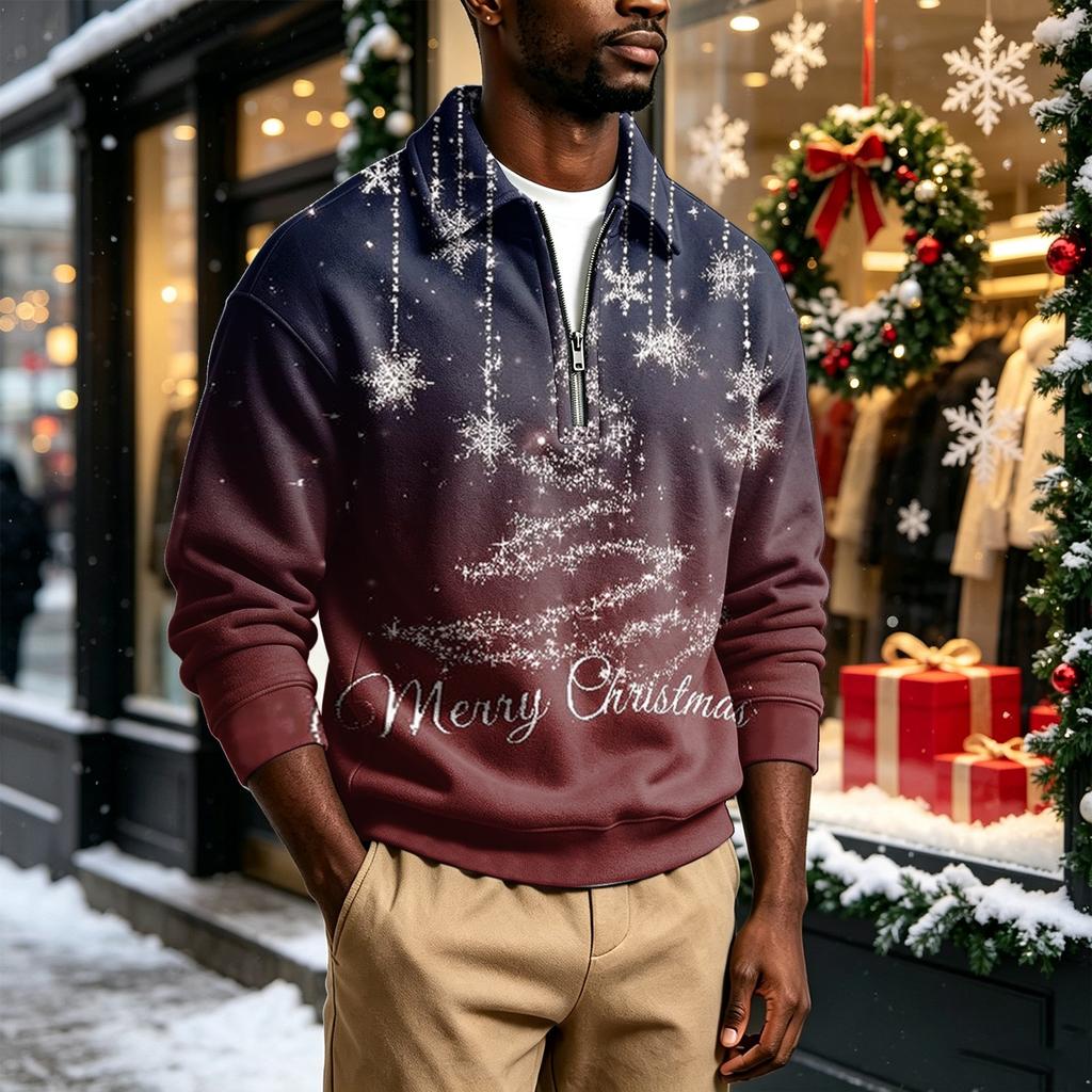 Men's Casual Christmas Print Collared Sweatshirt for Holiday