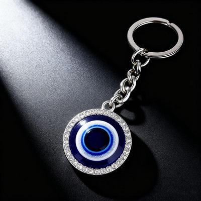 Porte-clés œil bleu de Fatima en métal avec strass – Breloque œil maléfique