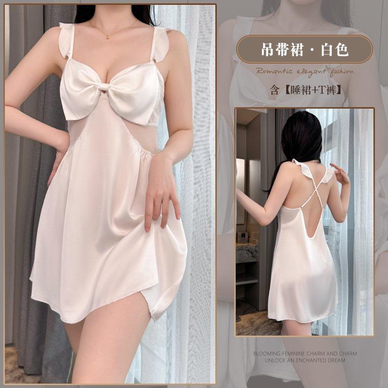 Sexy women s new spring and summer nightgown, sexy pure desire bow nightgown, beautiful back suspender nightgown M