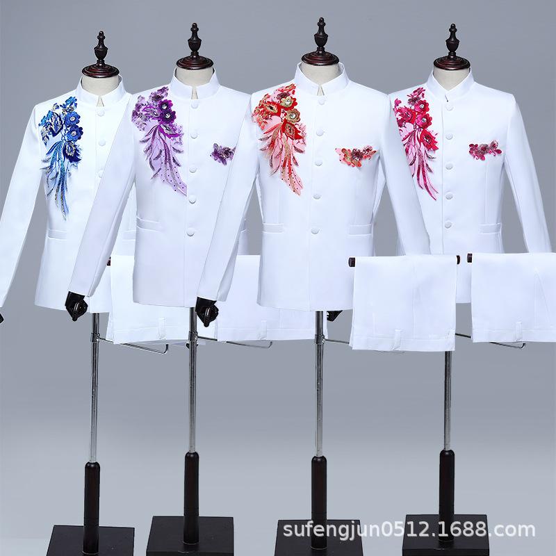 Men's Red Sequined Zhongshan Suit for Stage Performance, Chorus, and Events