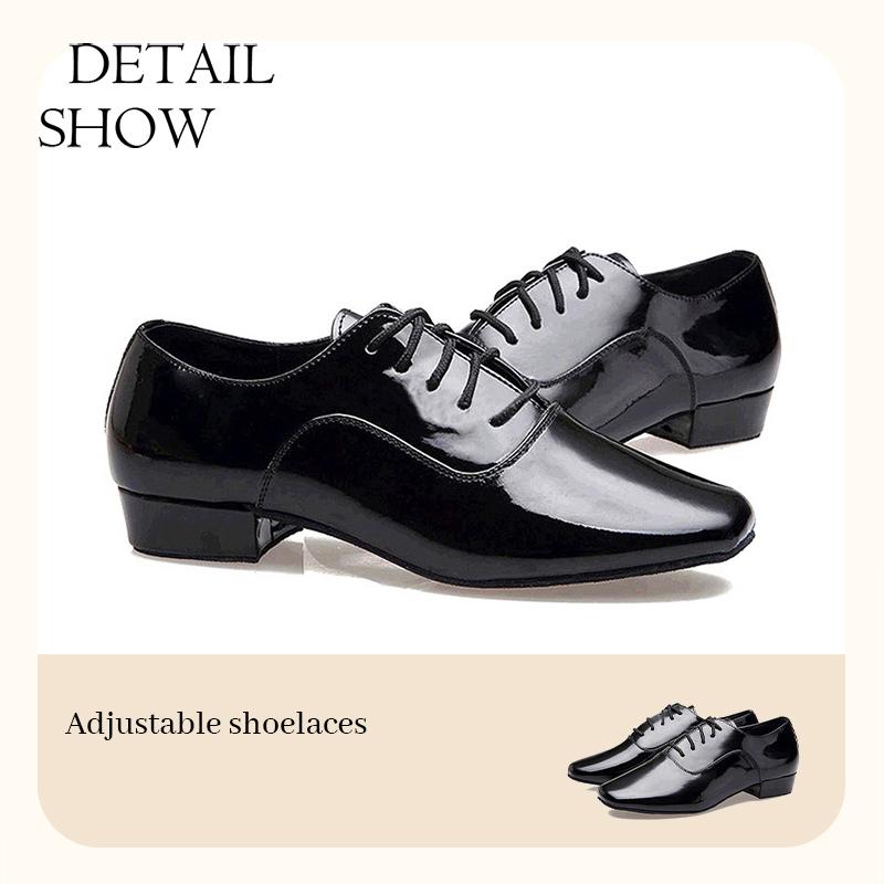 Boys Men's Square Toe Bright Leather Dance Shoes with Breath Light Leather International Standard Dance Heel 1 Inch
